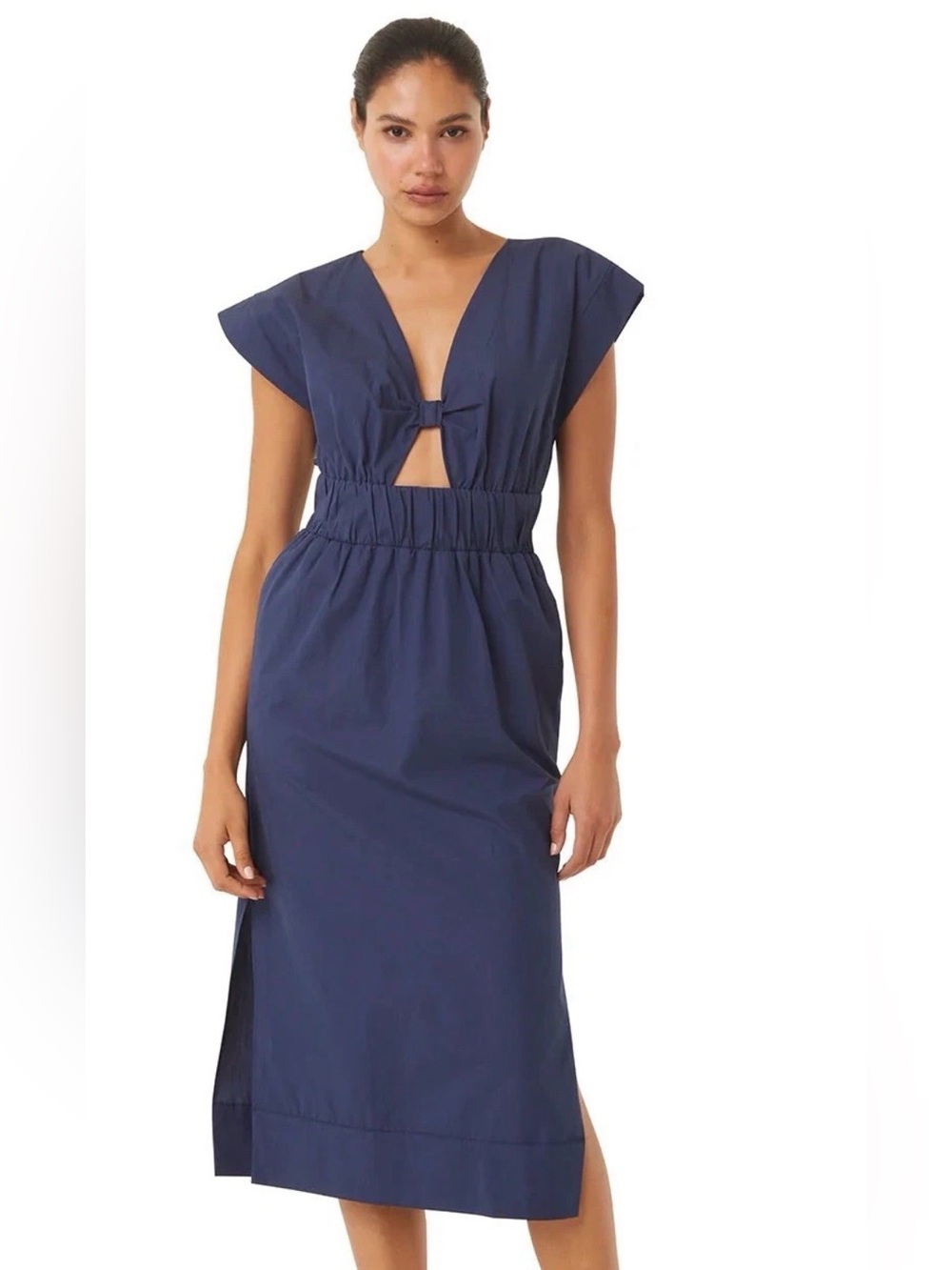 Misa Los Angeles Claudine Midi Dress with bow cut out in midnight blue poplin
